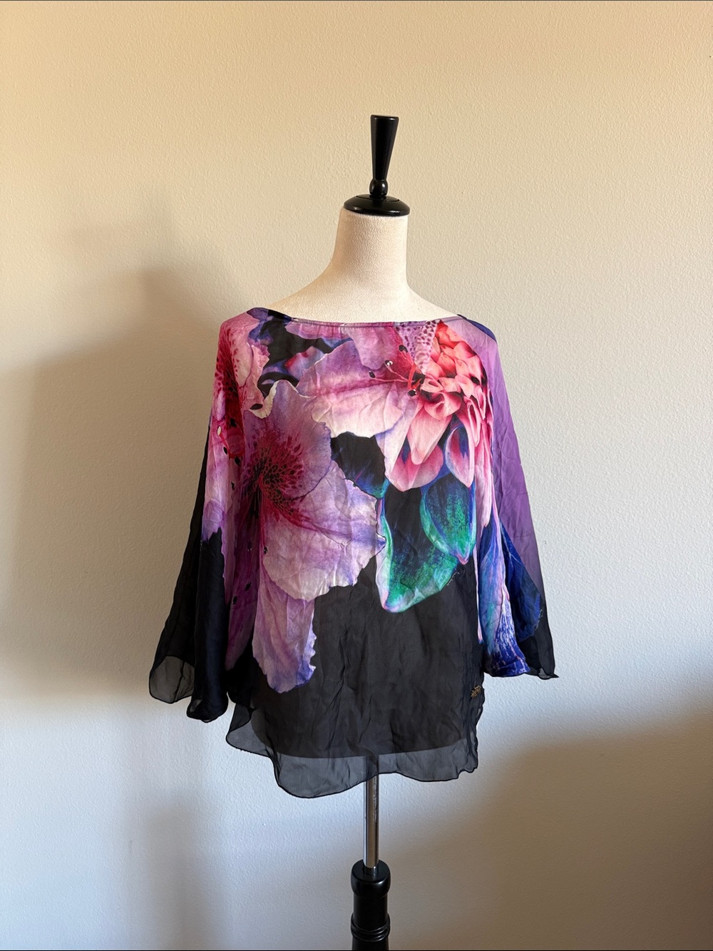 Floral Sheer Boatneck Blouse - Purple & Black